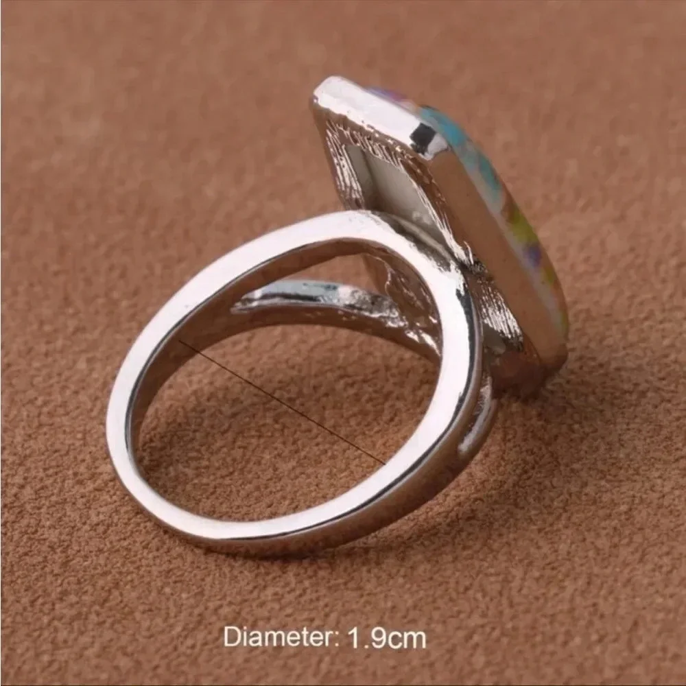 Boho Colorful Gemstone Silver Ring | Statement Cocktail Ring Size 9